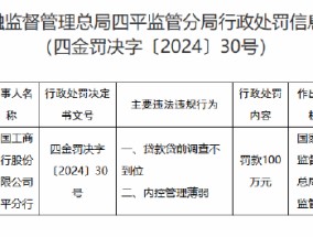 工商银行四平分行收百万罚单：因贷款贷前调查不到位 内控管理薄弱