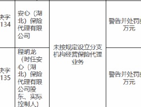 安心（湖北）保险代理有限公司被罚3万元：未按规定设立分支机构经营保险代理业务