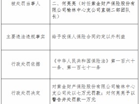 紫金财险榆林中心支公司因给予投保人保险合同约定以外利益被罚7万元